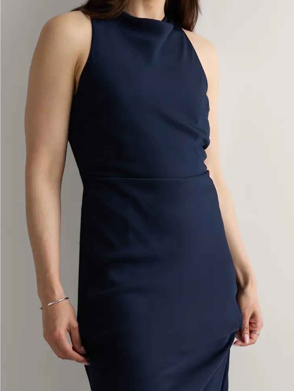 Stretch Silk High Neck Midi Dress /Small / Navy